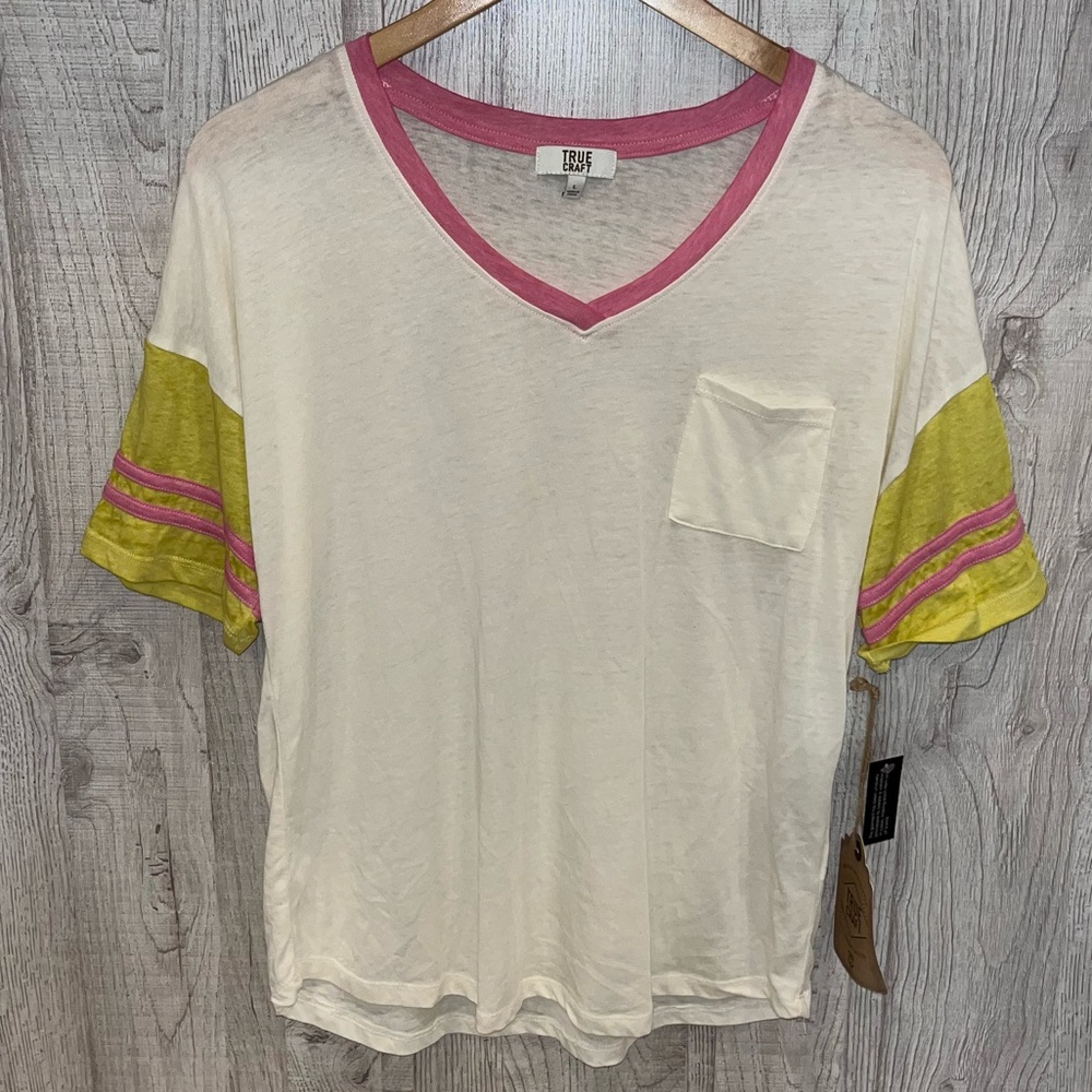 NEW! TRUE CRAFT Junior's Short Sleeve Burnout Varsity T-Shirt Prism Pink Size L